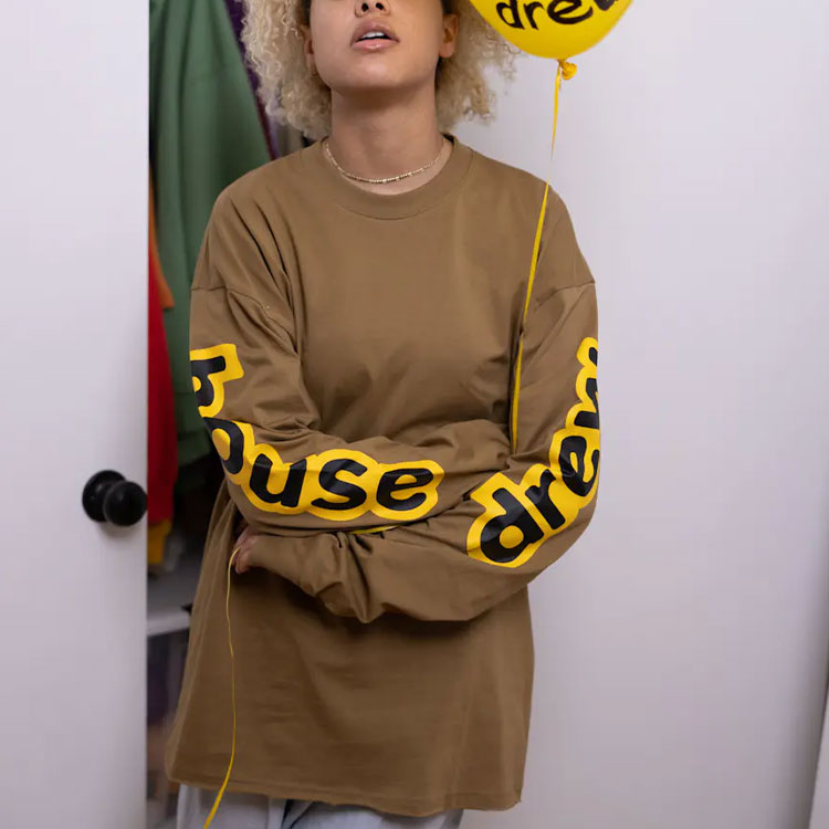 Sizing Drew House SS21 棕色標誌印花長袖T恤-男女款純棉內搭上衣 DR-SS21-85