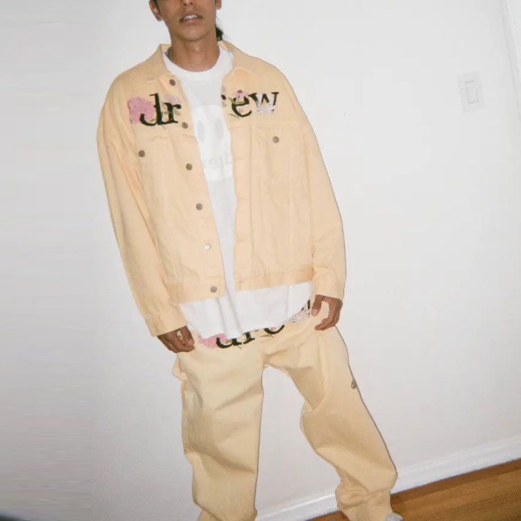 Details for 드루하우스 SS21 꽃 트러커 자켓 워시드 탠저린 옐로우 유니섹스 데님 자켓. DR-SS21-115