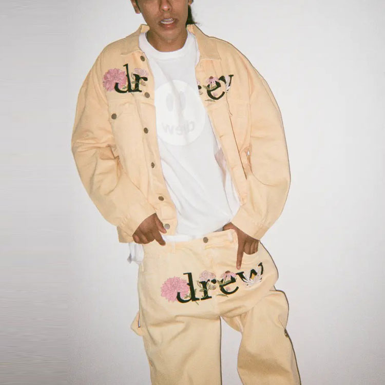 Sizing 드루하우스 SS21 꽃 트러커 자켓 워시드 탠저린 옐로우 유니섹스 데님 자켓. DR-SS21-115