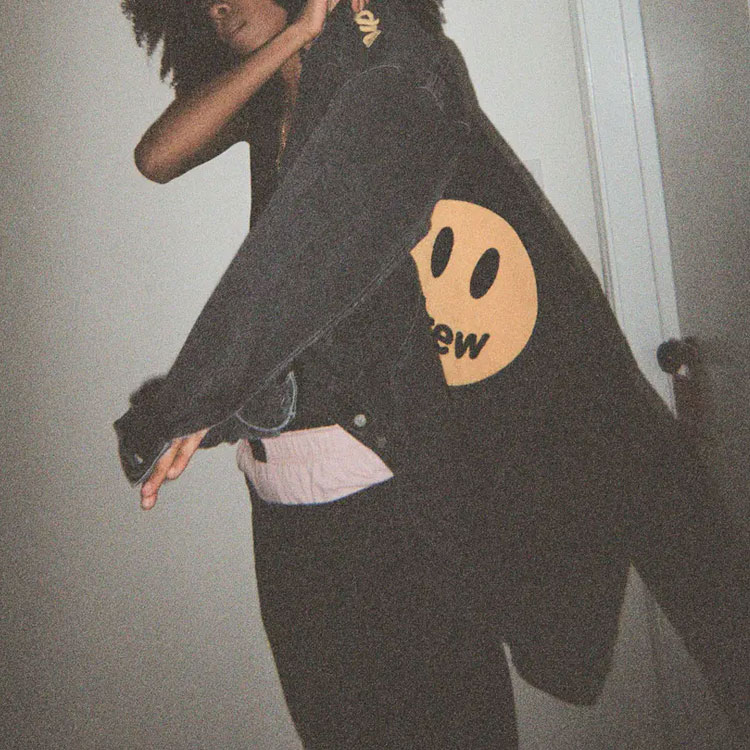 Purchase Drew House SS21 Jaket Denim Senyum Unisex Pasangan Hitam DR-SS21-20