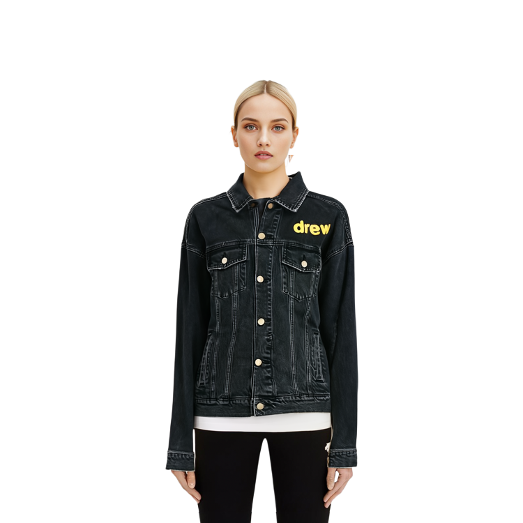 Cheap Drew House SS21 Jaket Denim Senyum Unisex Pasangan Hitam DR-SS21-20