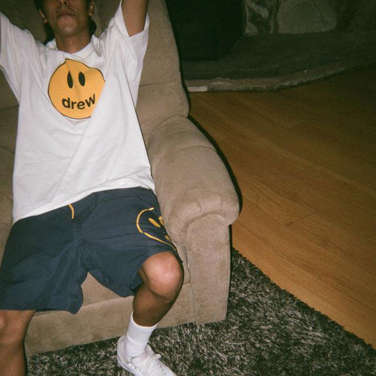 Cheap Drew House SS21 笑脸标志海军蓝男女通用抽绳短裤泳池短裤 DR-SS21-119