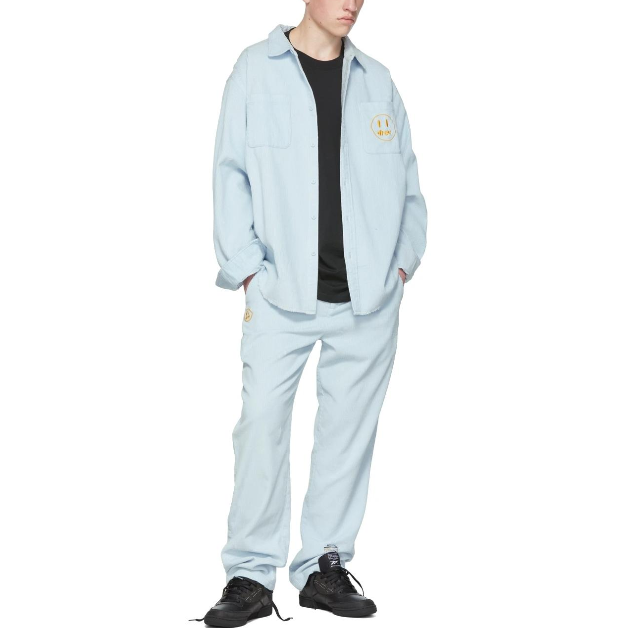 Shop 드류 하우스 SS22 스마일리 코듀로이 라이트 블루 남성 스트레이트 핏 캐주얼 팬츠. DR-SS22-149