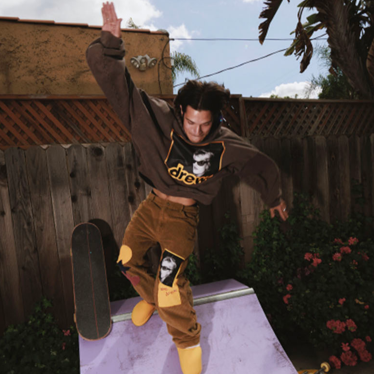 Shop Seluar Drew House SS24 Corduroy Sulam Unisex Merah Coklat Distressed. DH-14-511