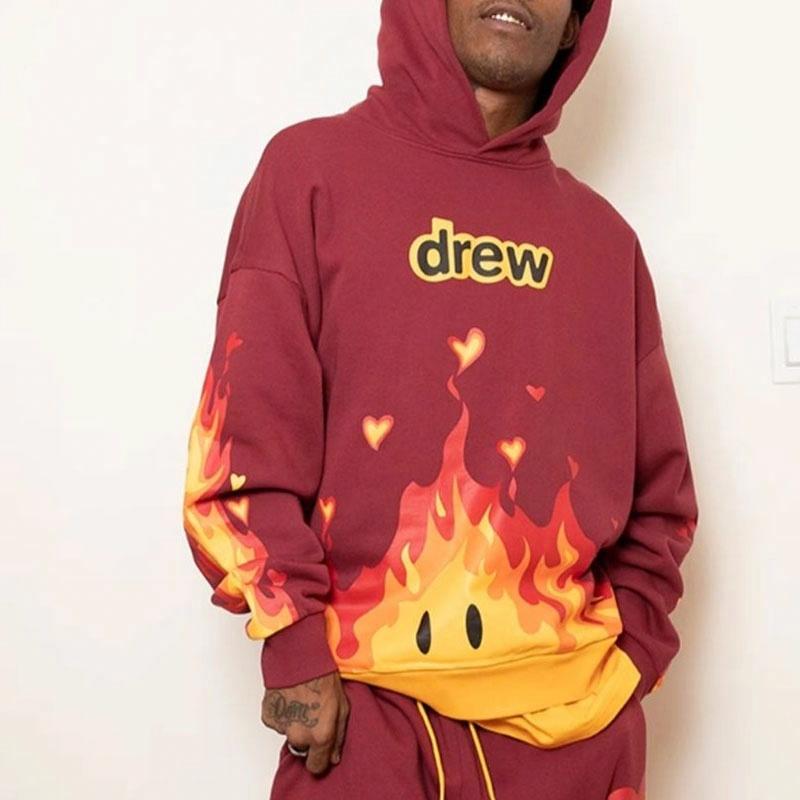 Shop Drew House 火焰印花寬鬆連帽衫 男女適穿 - 酒紅色 DH-VF31121-FIBG