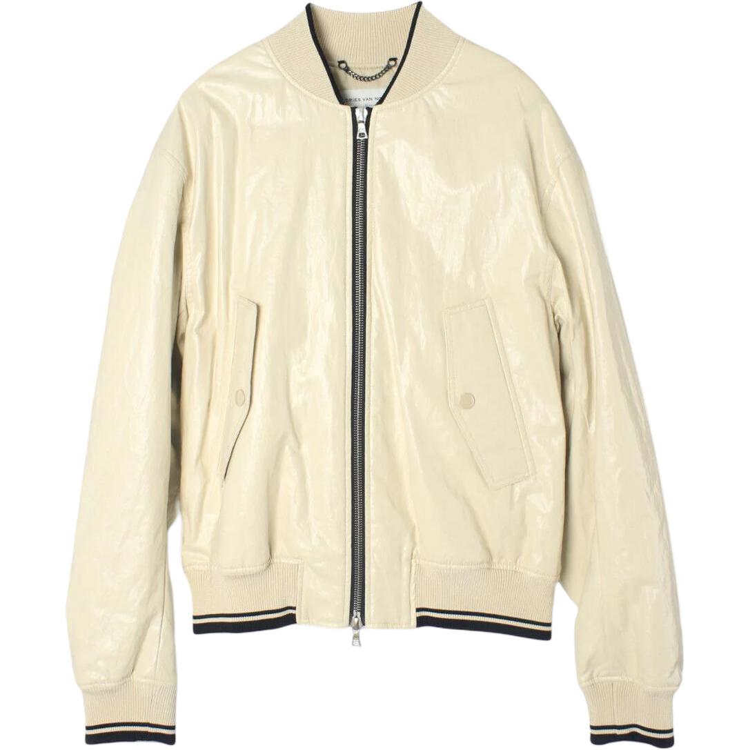 DRIES VAN NOTEN SS24 Beige Striped Trim Zip Bomber Jacket Long Sleeve 2.41021E+15