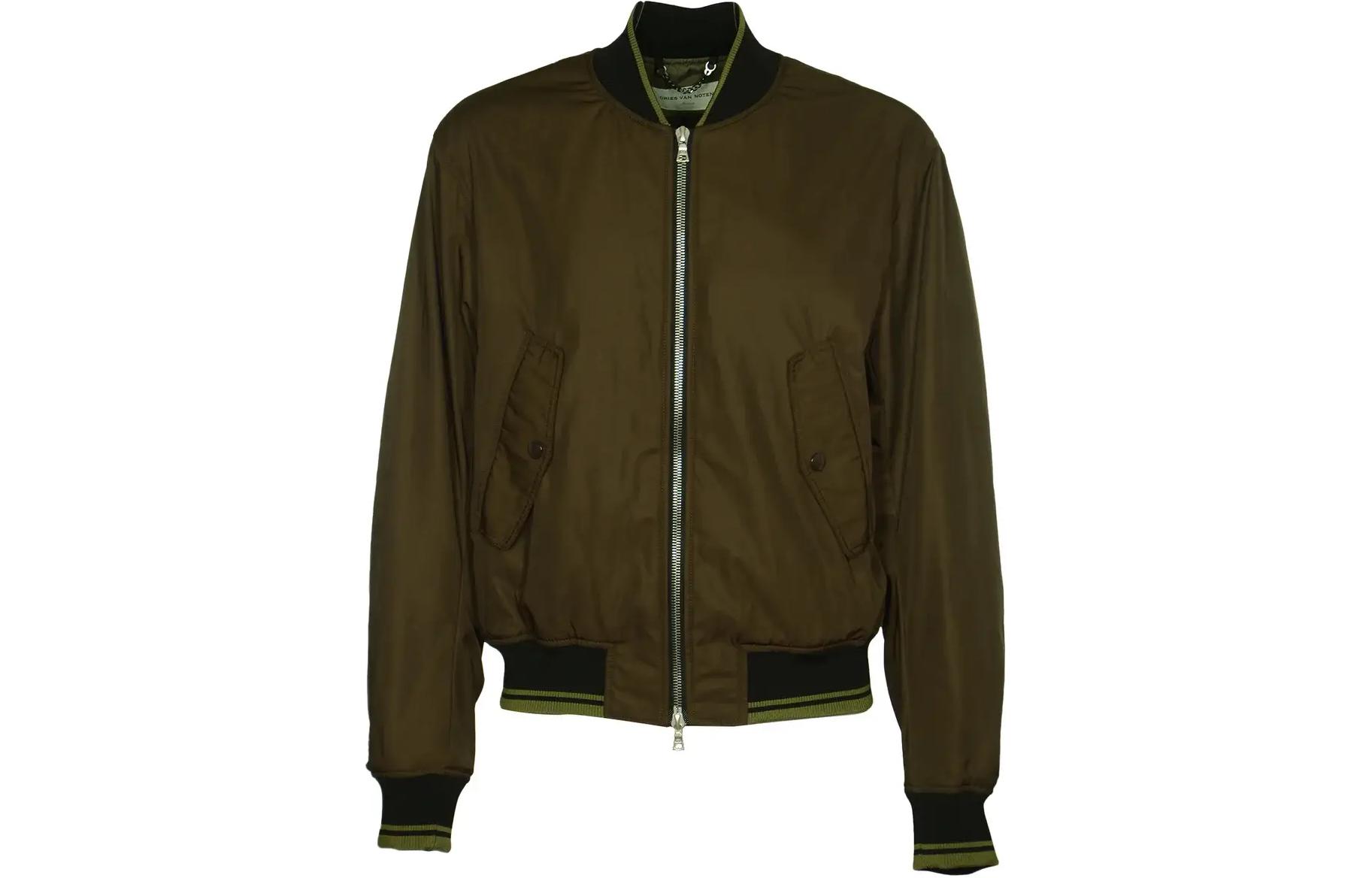 DRIES VAN NOTEN SS24 Green Striped Trim Zip-Up Bomber Jacket. 2410205178210606