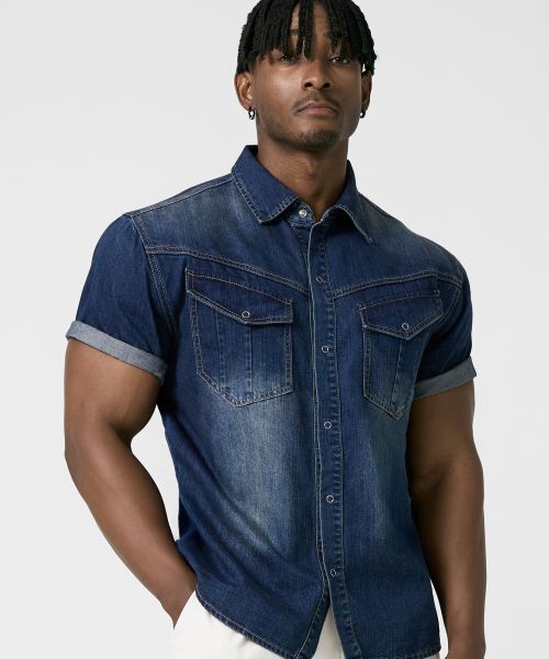 DRIX Rain Slub Muscle Fit Denim Short Sleeve Shirt_Indigo Blue DRSSH01IDG