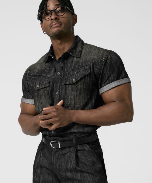DRIX Rain Slub Muscle Fit Denim Short Sleeve Shirt - Normal Black DRSSH01BK