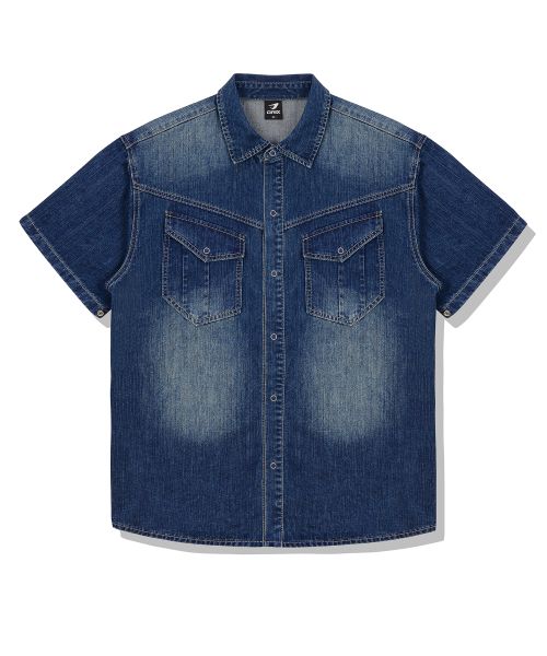 Shop DRIX Rain Slub Muscle Fit Denim Short Sleeve Shirt_Indigo Blue DRSSH01IDG