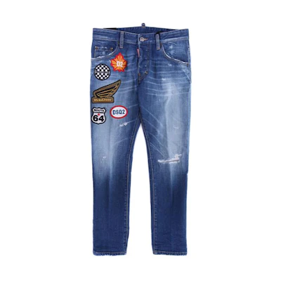DSQUARED2 Blue Multicolor Letter Print Zip Denim Jeans. S74LB0721S30663-470
