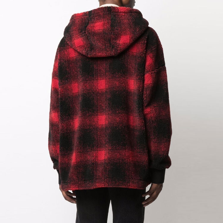 Shop DSQUARED2 紅色格紋連帽拉鍊羊絨夾克 S74HG0110S25519-001F