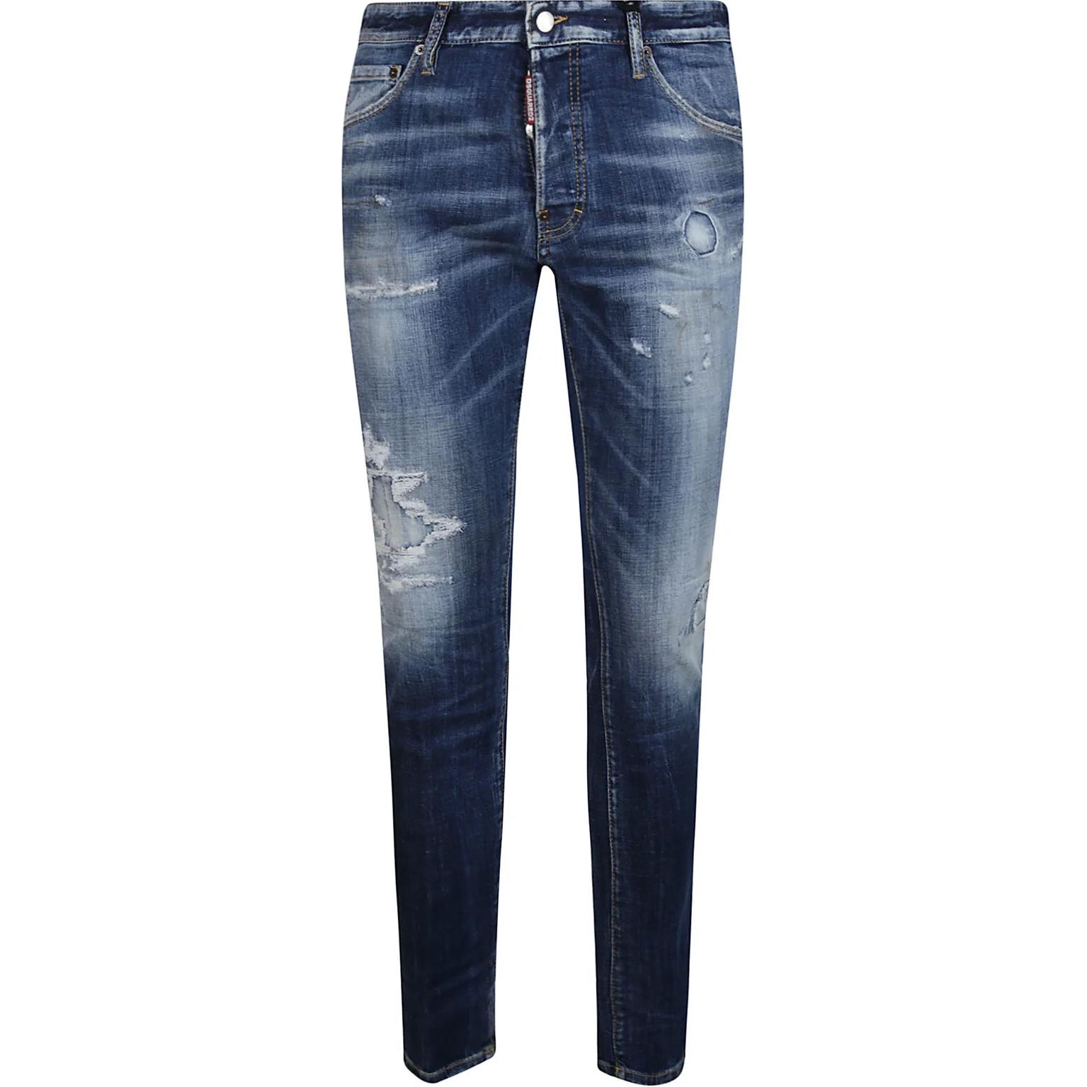 DSQUARED2  Slim-Fit Distressed Mid-Rise Blue Jeans with Zipper. S74LB1585S30664-470