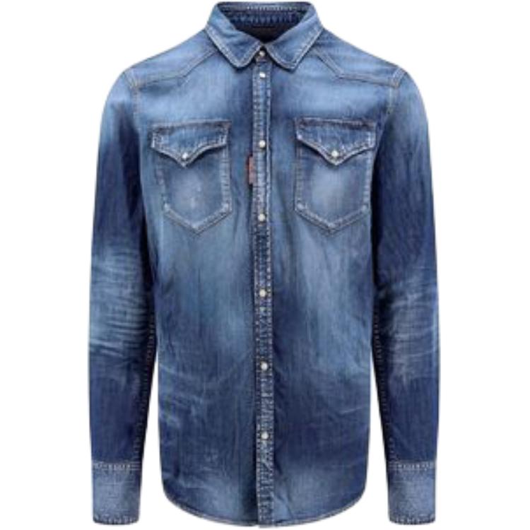 Order DSQUARED2 修身單排扣長袖徽標口袋襯衫 藍色 S74DM0846S30341-470