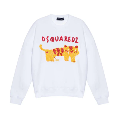 DSQUARED2 White Logo & Animal Embroidery Crewneck Sweatshirt Long Sleeve. S74GU0577S25516-100