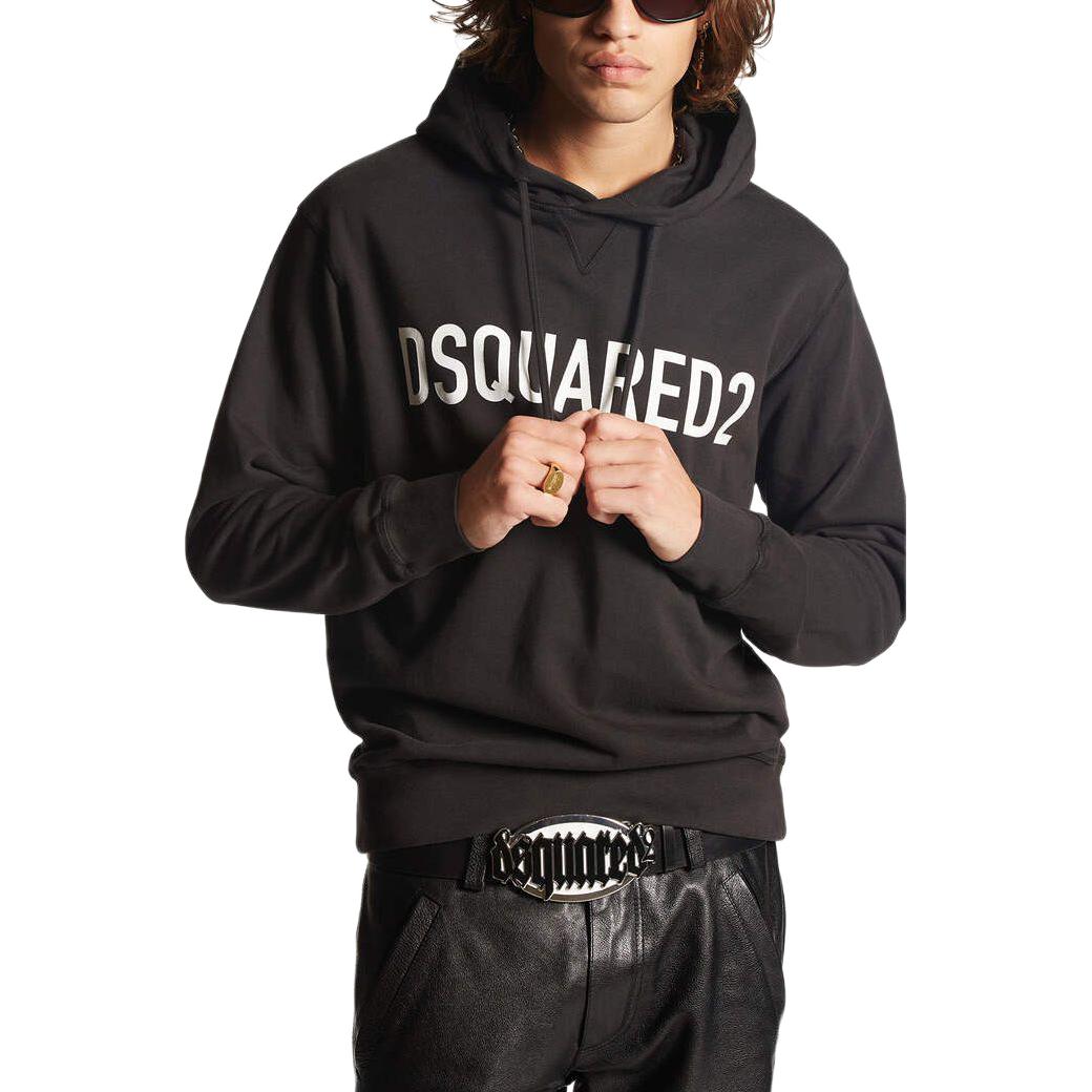 Shop DSQUARED2 クールフィットフーディー ブラック メンズ レタープリント プルオーバースウェットシャツ S74GU0664D25002-900
