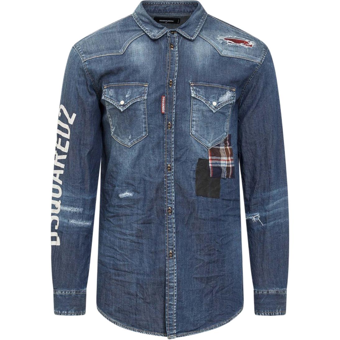 DSQUARED2 Distressed Denim Long Sleeve Shirt Blue . S71DM0480S30341-470