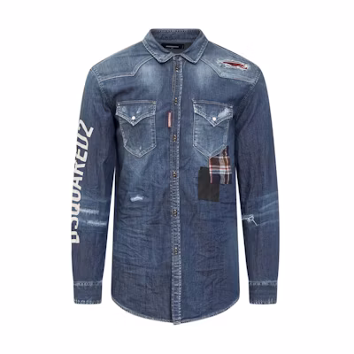 DSQUARED2 Distressed Denim Long Sleeve Shirt Blue . S71DM0480S30341-470