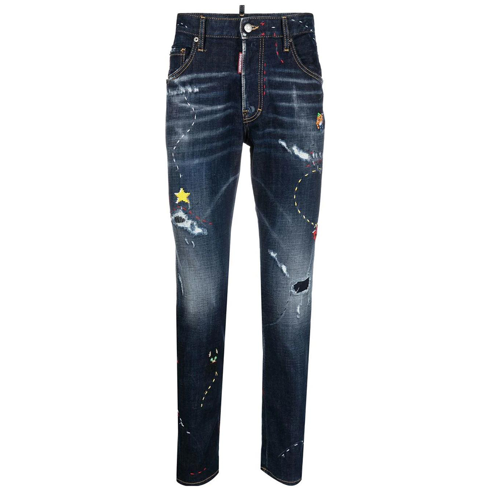 DSQUARED2 Distressed Geometric Embroidery Wash Denim Jeans Men Blue S74LB1392S30664470