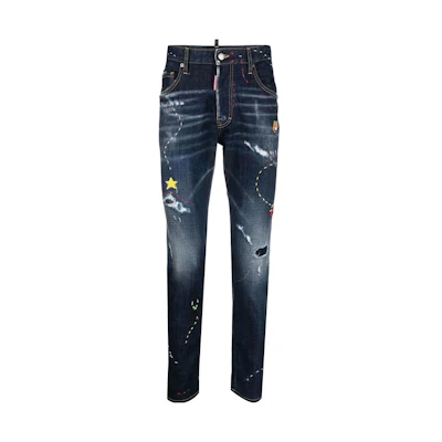 DSQUARED2 Distressed Geometric Embroidery Wash Denim Jeans Men Blue S74LB1392S30664470