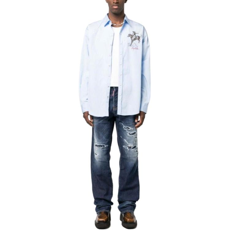 Lookbook DSQUARED2 男士蓝色做旧直筒修身牛仔裤 中腰款式 S71LB1263S30789-470