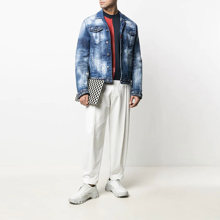 Lookbook DSQUARED2 ペイントスプラッター加工デニムジャケット メンズ ブルー S74AM1136S30342-470