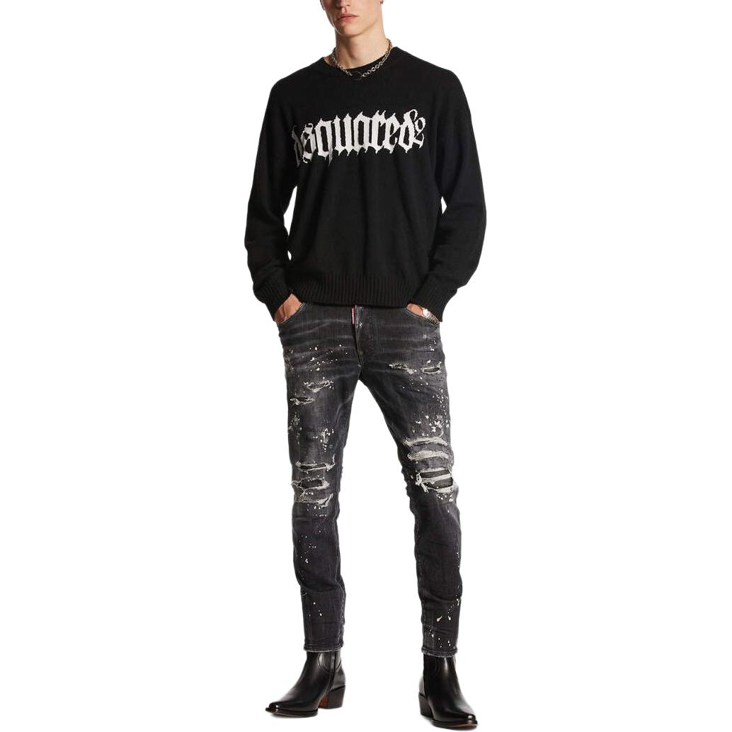 Shop DSQUARED2 男士黑色做旧拉链直筒中腰牛仔裤 S74LB1430S30503-900