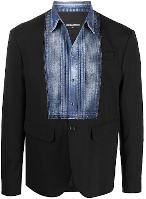 DSQUARED2 FW21 Jaket Blazer Butang Hitam Denim Patchwork. S71BN0858S40320-900 Order DSQUARED2 FW21 Jaket Blazer Butang Hitam Denim Patchwork. S71BN0858S40320-900