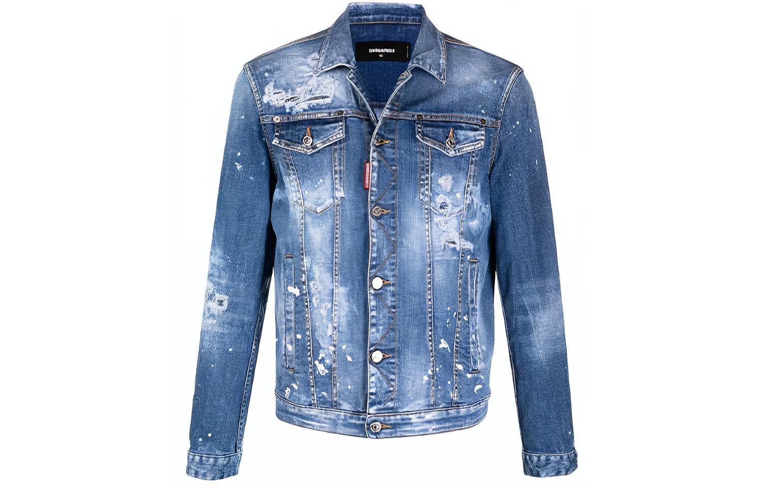 DSQUARED2 FW21 Distressed Paint-Splatter Denim Jacket Blue Mens. S74AM1174S30342-470