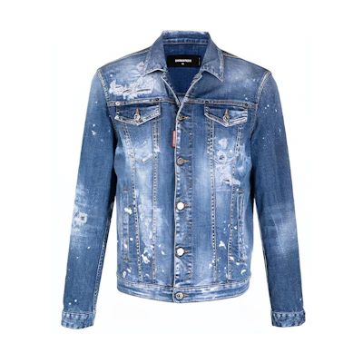 DSQUARED2 FW21 Distressed Paint-Splatter Denim Jacket Blue Mens. S74AM1174S30342-470