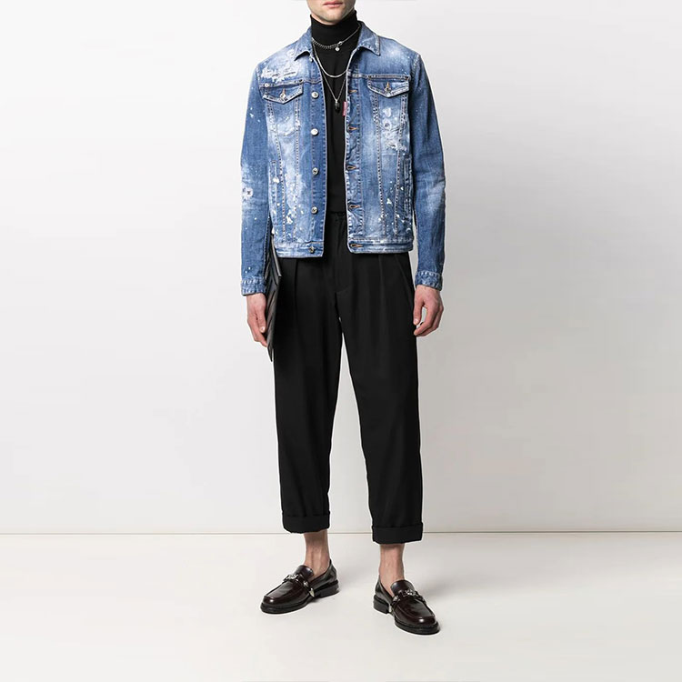Lookbook DSQUARED2 FW21 蓝色泼漆做旧牛仔夹克 男款. S74AM1174S30342-470