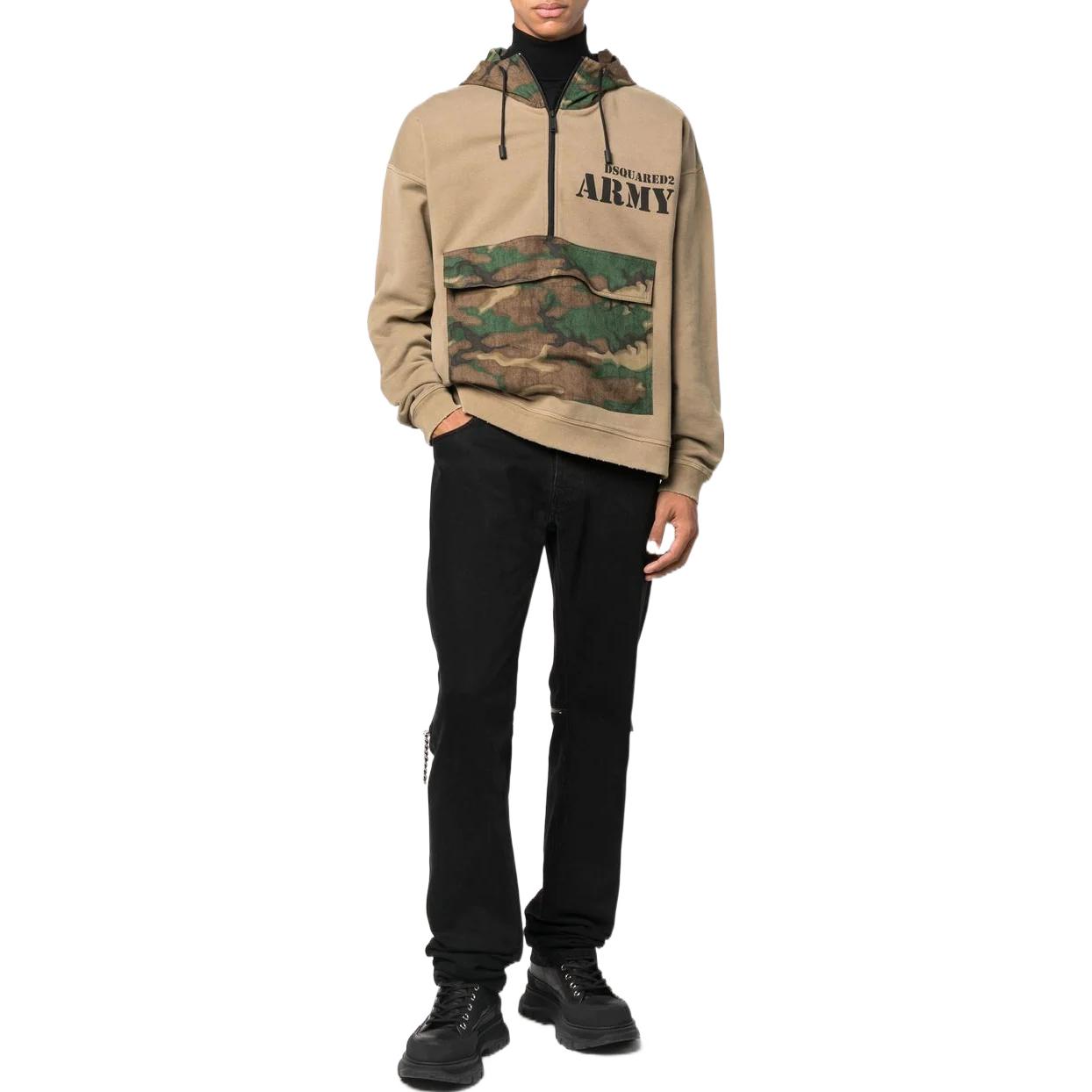 Shop DSQUARED2 2022秋冬迷彩印花口袋连帽衫驼色卫衣 S71GU0539S25030-155