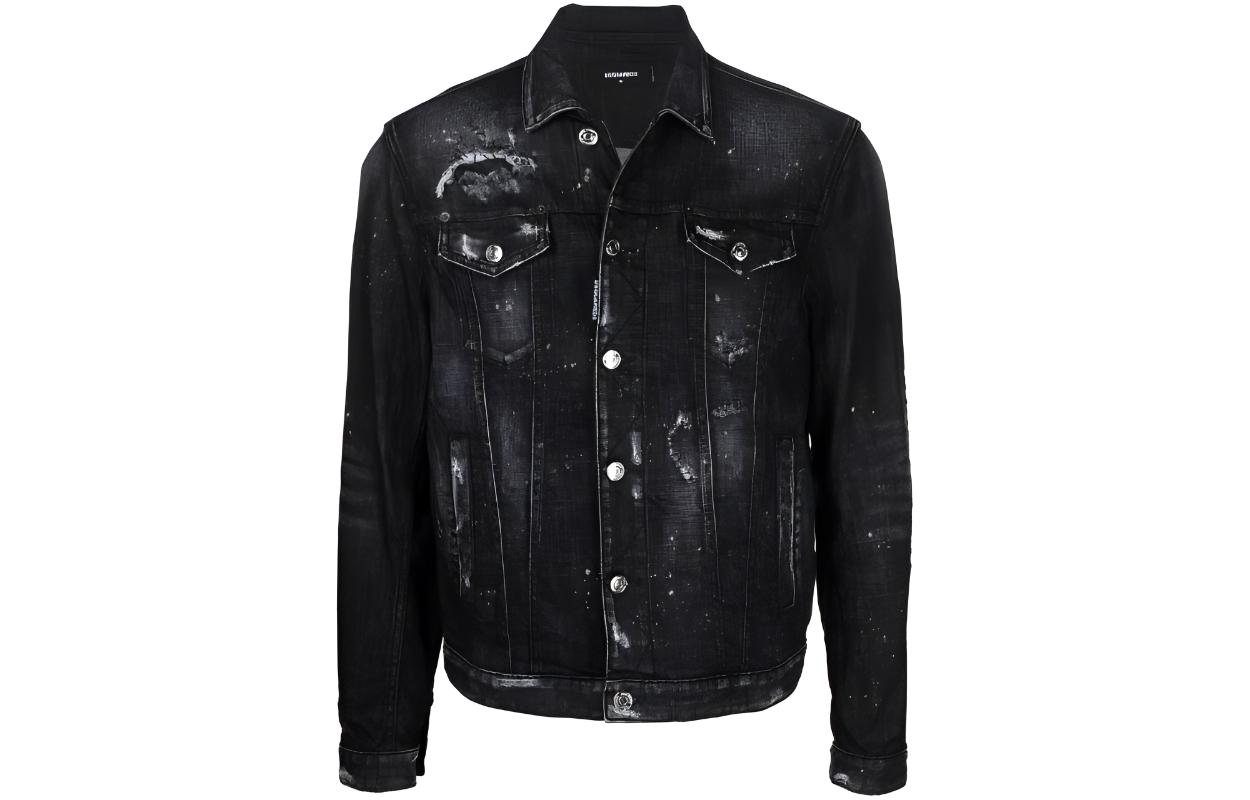 DSQUARED2 FW22 Distressed Paint-Splatter Single-Breasted Denim Jacket Black. S74AM1307S30357-900