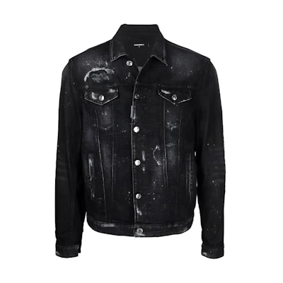 DSQUARED2 FW22 Distressed Paint-Splatter Single-Breasted Denim Jacket Black. S74AM1307S30357-900