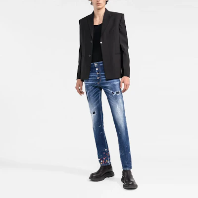 DSQUARED2 FW22 Distressed Paint-Splatter Slim Fit Jeans Men Blue S74LB1165S30342-470 Lookbook DSQUARED2 FW22 Distressed Paint-Splatter Slim Fit Jeans Men Blue S74LB1165S30342-470