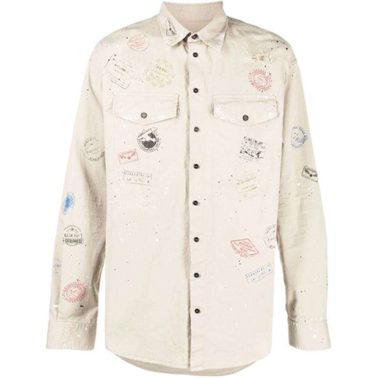 DSQUARED2 FW22 Paint Splash Beige Long Sleeve Button-Up Shirt Men’s. S74DM0627S35175-800