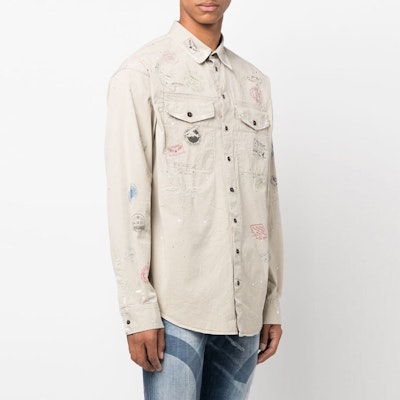 DSQUARED2 FW22 男士米色漆飛濺長袖襯衫翻領款式。 S74DM0627S35175-800 Purchase DSQUARED2 FW22 男士米色漆飛濺長袖襯衫翻領款式。 S74DM0627S35175-800