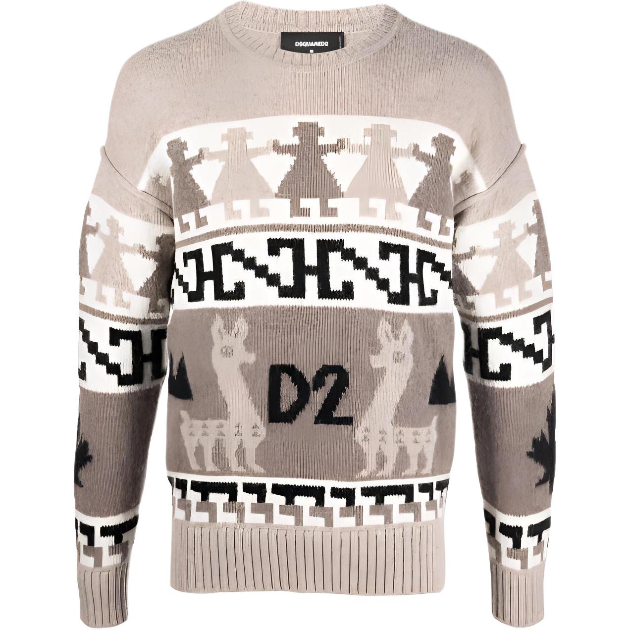DSQUARED2 FW22 Patterned Knit Crewneck Sweater Khaki  Fashion. S74HA1257S18039-961