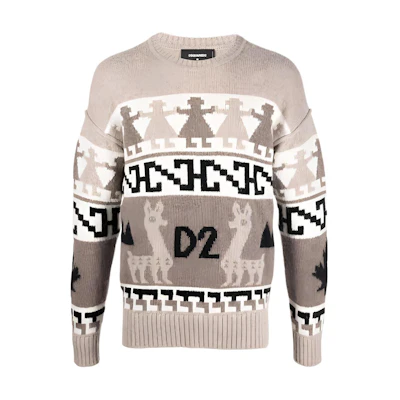 DSQUARED2 FW22 Patterned Knit Crewneck Sweater Khaki Fashion. S74HA1257S18039-961