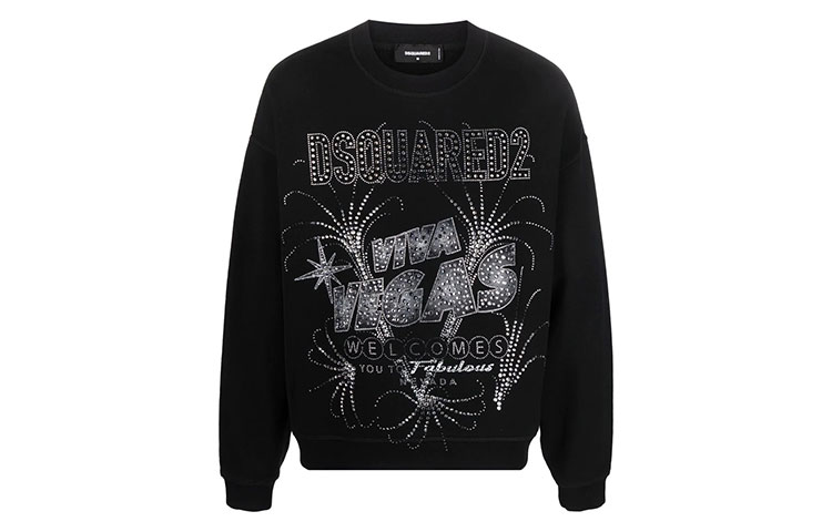 Dsquared2 FW22 Rhinestone Ribbed Crewneck Pullover Sweatshirt Black . S74GU0647S25516-900