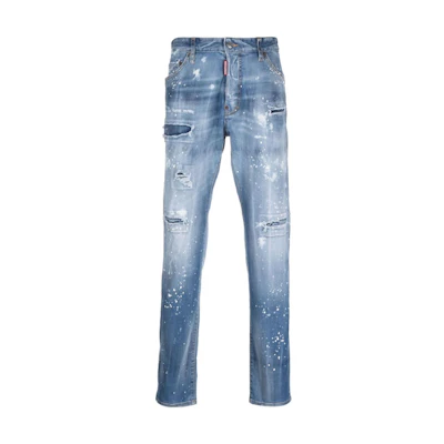 DSQUARED2 FW23 Blue Mid-Rise Straight Jeans with Paint Splatter Design S74LB1443S30789-470