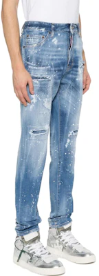 DSQUARED2 FW23 Blue Mid-Rise Straight Jeans with Paint Splatter Design S74LB1443S30789-470 Purchase DSQUARED2 FW23 Blue Mid-Rise Straight Jeans with Paint Splatter Design S74LB1443S30789-470