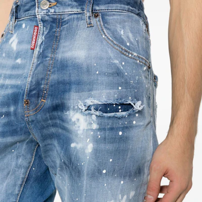 DSQUARED2 FW23 Blue Mid-Rise Straight Jeans with Paint Splatter Design S74LB1443S30789-470 Details for DSQUARED2 FW23 Blue Mid-Rise Straight Jeans with Paint Splatter Design S74LB1443S30789-470