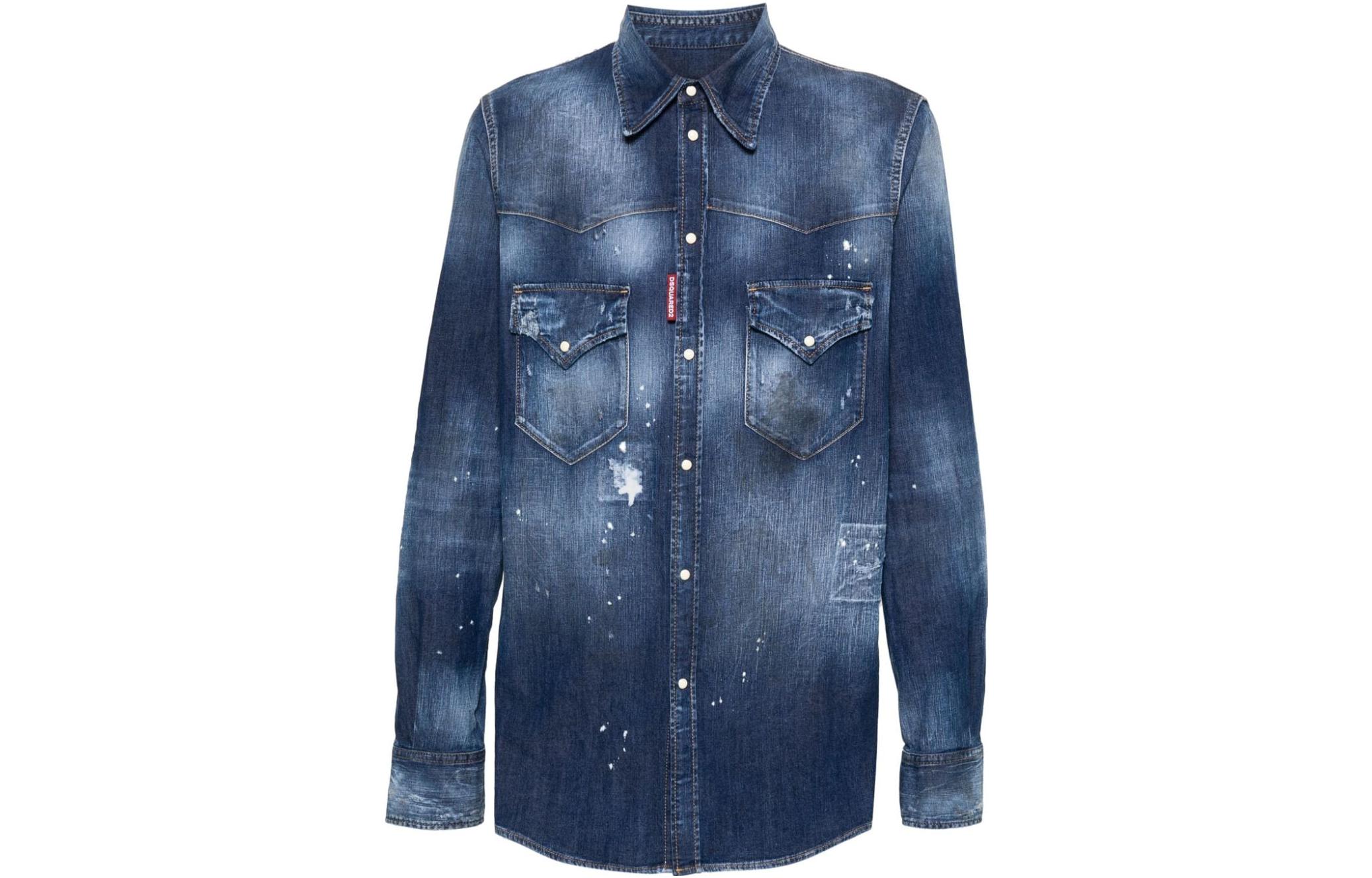 DSQUARED2 FW23  Blue Splattered Effect Long Sleeve Button-Up Shirt. S74DM0795S30341-470