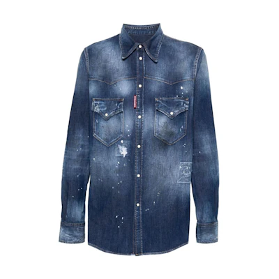 DSQUARED2 FW23 Blue Splattered Effect Long Sleeve Button-Up Shirt. S74DM0795S30341-470