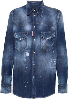 DSQUARED2 FW23 Kemeja Lengan Panjang Biru dengan Efek Cipratan. S74DM0795S30341-470 Order DSQUARED2 FW23 Kemeja Lengan Panjang Biru dengan Efek Cipratan. S74DM0795S30341-470