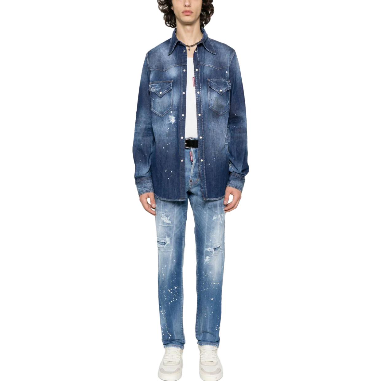 Lookbook DSQUARED2 FW23 Kemeja Lengan Panjang Biru dengan Efek Cipratan. S74DM0795S30341-470