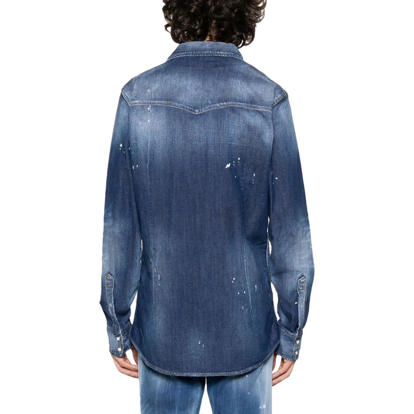 Shop DSQUARED2 FW23 Kemeja Lengan Panjang Biru dengan Efek Cipratan. S74DM0795S30341-470