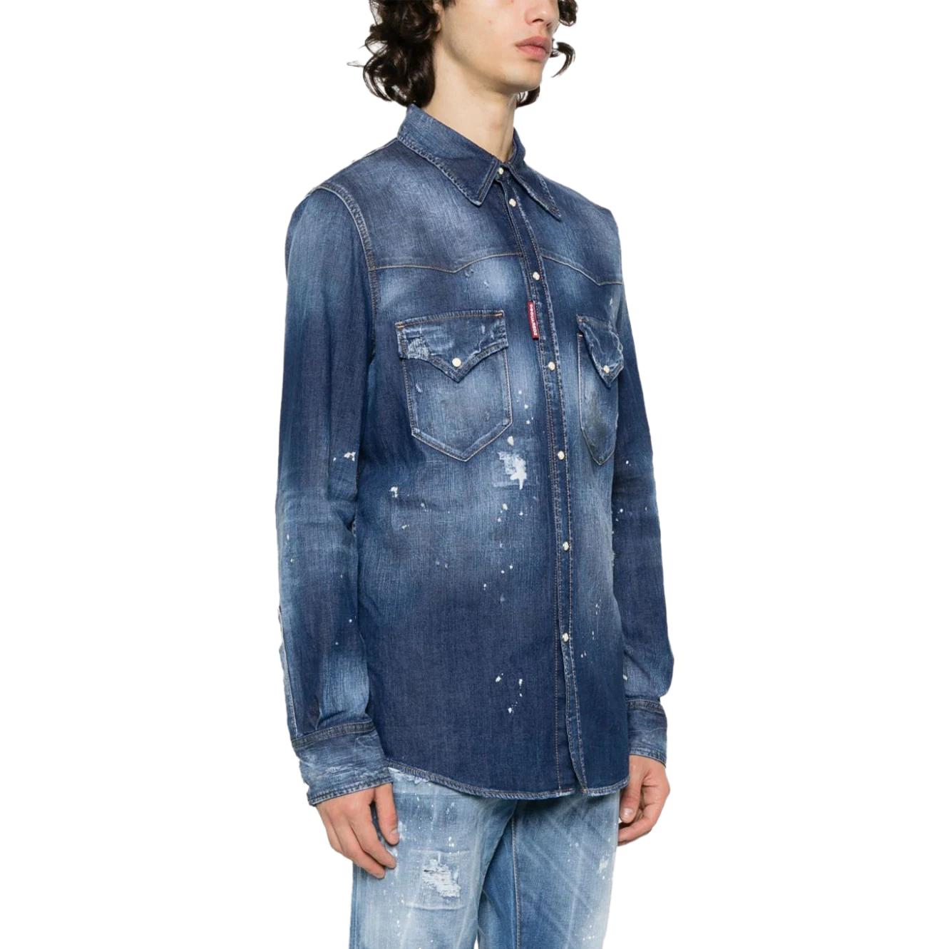 Purchase DSQUARED2 FW23 Kemeja Lengan Panjang Biru dengan Efek Cipratan. S74DM0795S30341-470