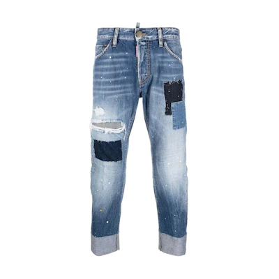 DSQUARED2 FW23 Distressed Patch Straight-Leg Cropped Jeans Blue. S74LB1351S30309470